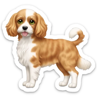 a blond apricot colored cavapoo dog standing next to a calico cat with a mix of black, orange, and white fur, green eyes sticker