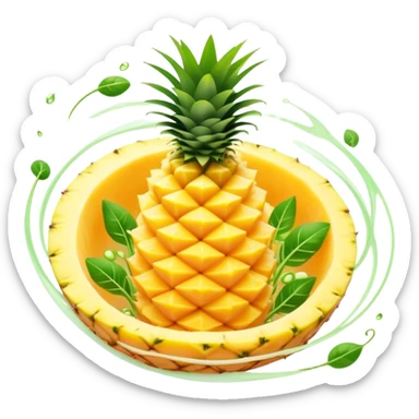 Golden pineapple slices, translucent papaya pieces, and green sprouts floating in a gentle spiral around a luminous stomach, with flowing light lines swirling like whirlpools, representing light, clean, and vibrant digestion. The foods emit a soft glow showing their enzymatic properties. sticker