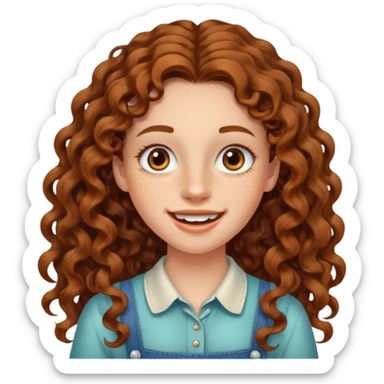 create a frontend girl that has an oval face and very very long brown curly hair and has bracesin her teeth and white sticker