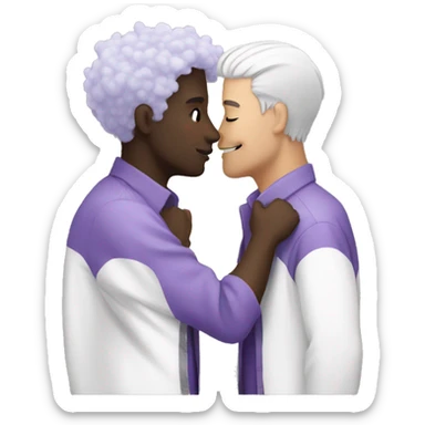 Two men kissing, one of them black and the other white with lavender hair sticker