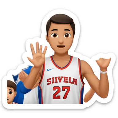 Maverick Trevillian in the crowd at an amateur basketball game. He leans towards the camera and enthusiastically shouts "six seven while performing a distinctive hand gesture: both hands open, palms facing upward, moving up and down as if weighing two options. sticker
