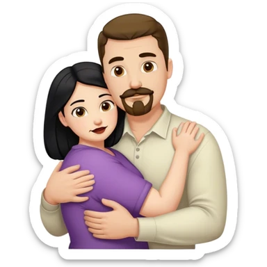 Tall strong white man with brown mustache goatee hugging a chubby short pale woman with long black hair sticker