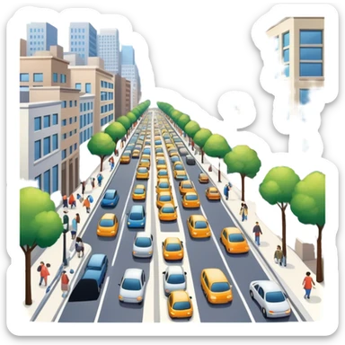 A busy street with shops, cars, and people walking, symbolizing urban life and movement. The street is lined with buildings and has sidewalks and traffic sticker