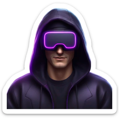 Russian man wearing a black hoodie with "OMG" letters on it and VR headset in a cyberpunk VR environment with violet neon lighting. sticker