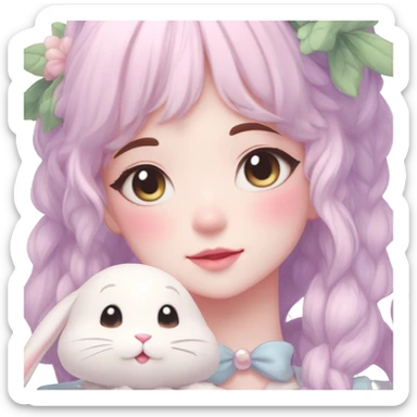 Gorgeous pastel anime style lady with blushing face and holding a bunny cottagecore fairycore pastelcore colorful pearly romantic simplistic aesthetic trending style sticker