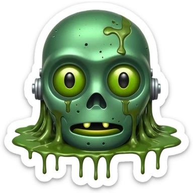 make a tired old melting robot emoji, covered in green sludge, 2d, make the eyes melting and gross sticker