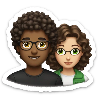 Girl with green eyes and brown curly hair with a guy with glasses, brown eyes, and black curly hair sticker