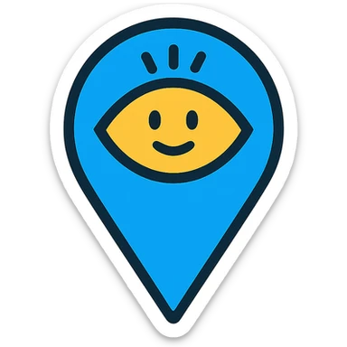 Edit the existing blue map pin icon by adding a simple digital eye or AI face element in the center of the pin. Keep the overall style minimal and modern. Do not include any service name at the bottom. sticker