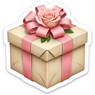 A weathered parchment-wrapped gift, secured with a Cherry Blossom Pink silk bow, lies nestled among dried sprigs of Coral Pink and Champagne Pink roses, their scent mingling with the faint trace of pastel pink aged paper.  sticker
