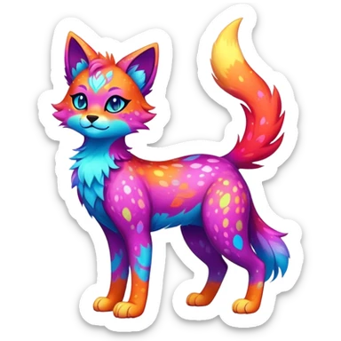 Vibrant multicolored neon-colored Falvie-Fionbri-creature-sparkle-feline-canine-hybrid-fursona, full body, fur pattern-markings sticker