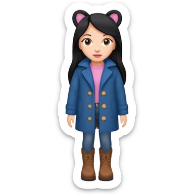 Gordita, ojos pequeños de color cafe oscuro, labios pequeños y rosados, piel trigueña, orejas pequeñas, cabello largo lazio y negro, pequeña. cuerpo completo. vestida con saco de lana jean color azul y botas color café. No le pongas orejas sticker