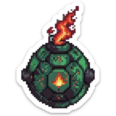 Red digital bomb with flame-shaped fuse at the top, round black bomb body with red accents, pixel art style sticker