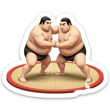 Two sumo wrestlers in a classic dohyo ring, each displaying powerful stances and ready to engage in a fierce match. One wrestler attempts a pushing attack, while the other counters with a thrust. The background shows the traditional sumo arena and spectators. Transparent background. sticker