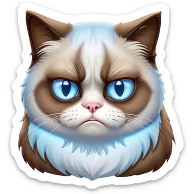 Cinematic Meme-Worthy Grumpy Cat meme Portrait Emoji, Head held high but eyes filled with dramatic disappointment, soft brown fur , white paws planted firmly in defiance, signature grumpy cat frown perfectly etched on its face, icy-blue eyes radiating pure disapproval, Simplified yet hilariously over-exaggerated features, highly detailed, glowing with an aura of supreme annoyance, high shine, exhausted yet judgmental, stylized with an almost regal pettiness, bright but brooding, soft glowing outline, capturing the essence of a feline that has seen it all and is thoroughly unimpressed, so meme-worthy it feels like it could instantly become the next viral sensation of grumpiness! sticker