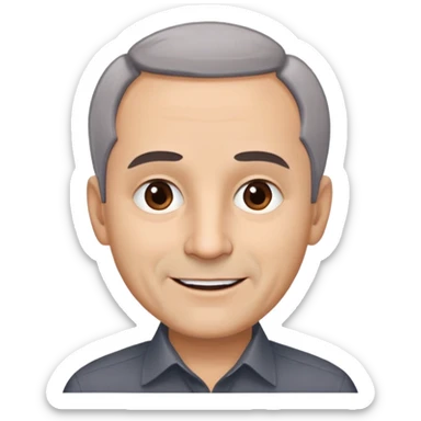 Famous Puerto Rican actor René Monclova with round face, wide jaw, light complexion. Expressive brown eyes, thick eyebrows. Short gray hair with visible receding hairline. Friendly smile. Wearing a dark formal shirt. sticker