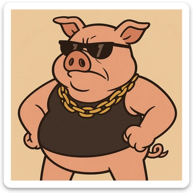 boss hog piggy, tough pig with sunglasses, gold chain, confident stance, cartoon style sticker