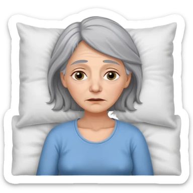 A 55-year-old woman lying in bed. She looks exhausted and desperate, with visible dark circles under her eyes, tired facial expression. sticker