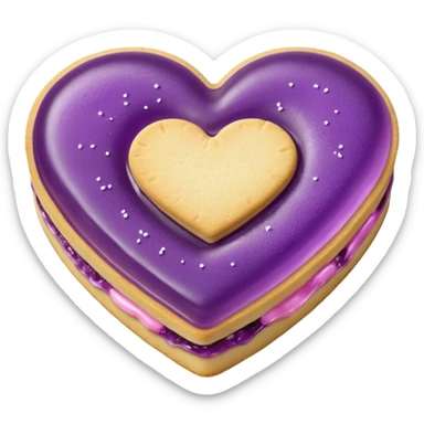 Realistic shortbread cookie in the shape of a heart with purple pastel jelly middle filling and sprinkled powder sugar on top. sticker