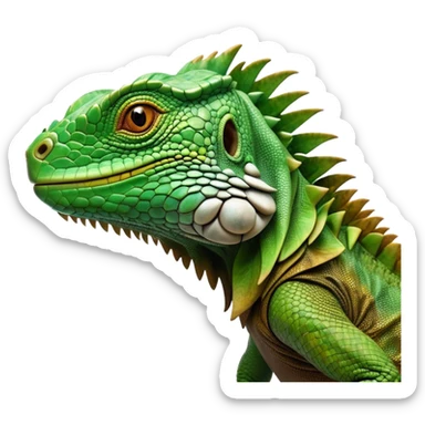 Cinematic Realistic Noble Iguana Portrait Emoji, Poised and commanding, with a robust, elongated body covered in intricately detailed, rough scales in vibrant shades of green with earthy brown accents, and a sharply defined head with piercing amber eyes, rendered with lifelike texture and natural light that accentuates every scale, high shine, intelligent and formidable, styled with an air of tropical authority, focused and attentive, soft glowing outline, capturing the essence of a watchful and confident iguana that appears ready to bask in the sun with effortless grace! sticker