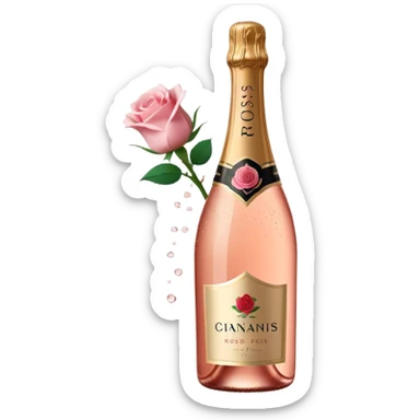 bottle of sparkling rosé champagne with a rose logo on the label, with the cork popping out from the top, tilted up and to the left, no glass sticker