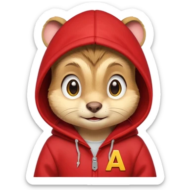 Portrait of a cartoon chipmunk with light brown and beige fur, wearing a red hoodie no zip with a yellow 'A' on it, big round eyes, small nose, and a mischievous grin, front-facing, stylized in animated movie style sticker