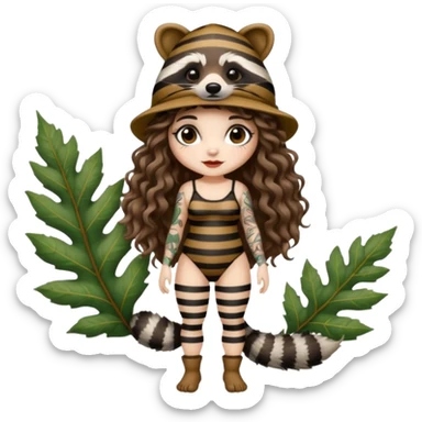 full body woman long curly brown hair brown eyes white skin tattoos wearing raccoon hat and striped leaf bodysuit sticker