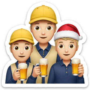 16 men on a golf trip wearing yellow golf caps all holding a beer can with a Xmas style label. Has to be 16 of them. sticker