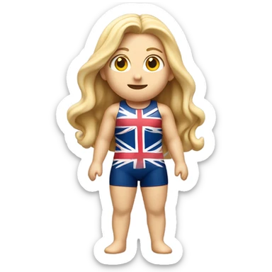 A girl with long blonde hair with wide shoulders wearing a Great Britain rowing swimming suit and has small muscles and add a necklace that has a sea shell pendant on it. The necklace is around the neck and the pendant is on her chest sticker
