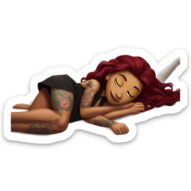 Beautiful tattooed burgundy long haired woman laying on the boyfriends chest sticker