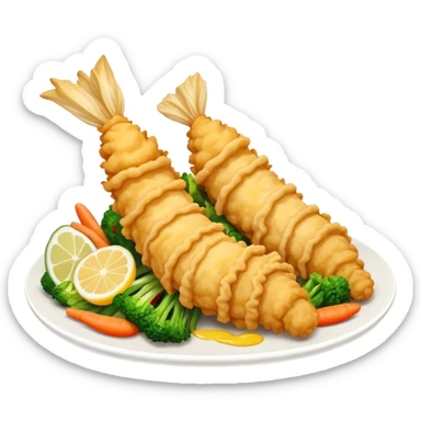 Tempura Cinematic Realistic Tempura Dish Emoji, depicted as extra crispy, lightly battered seafood and vegetables, rendered with vivid textures and dynamic, bright lighting. sticker