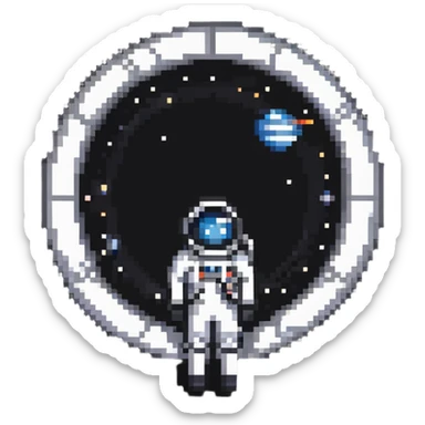 pixel art style illustration inspired by the film Interstellar, featuring a space explorer and wormhole sticker
