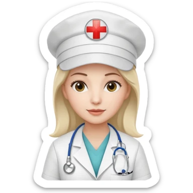 female doctor with white uniform and white hat with hospital logo on hat sticker