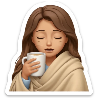 emoji-style illustration of a crying relaxed woman with long wavy brown hair, wrapped in a cozy beige blanket, holding a mug cup, eyes closed, sad and a bit anxious expression, soft 3D cartoon rendering, warm and comforting mood, plain background
 sticker