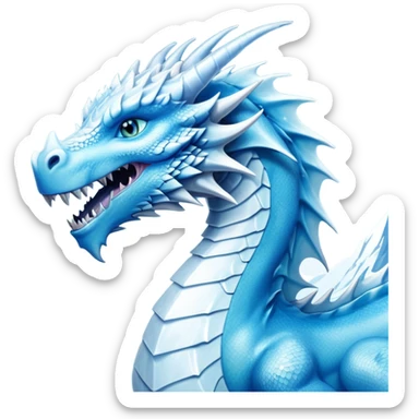 Cinematic Noble elegant Ice Dragon Portrait Emoji, Poised and imposing, distinct long elegant snout, with a slender, scaled body shimmering in glacial hues of icy blue, frostbitten silver, and crystalline white, breathing out frost, with piercing, glowing ice blue white eyes that radiate the chilling depths of an arctic storm; rendered in detail. sticker