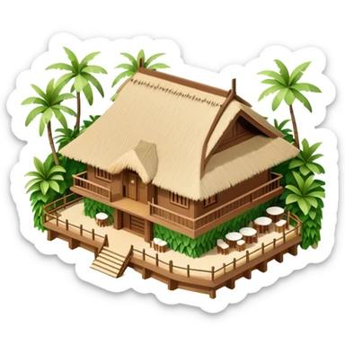 Isometric exterior brown and beige and green luxury polynesian beach resort restaurant, dollhouse style 3D realistic  sticker