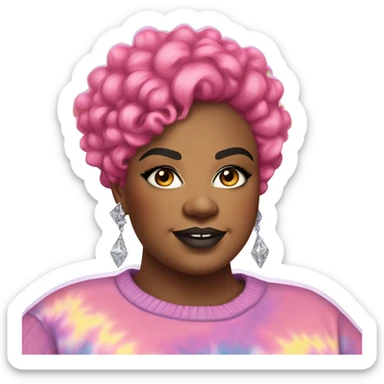 Large Plus size black woman with edgy pink curly pixie cut hair and a rainbow tie dye sweater , and diamond stud earrings  sticker