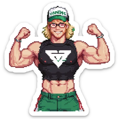 Man with black and white cap that says VANOMAS, bare muscular torso, red shorts, clear glasses, messy blond mullet hairstyle, flexing muscles and smiling sticker