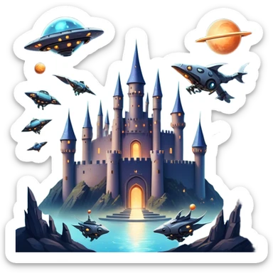 Icon for Fantasy and Sci-Fi Movies: A magical collage with flying dragons. futuristic spaceships and UFOs. Stars and planets shimmer in the background with a mystical castle Hogvards an ancient wizard and robots. The atmosphere is epic, otherworldly and adventurous. Transparent background. sticker