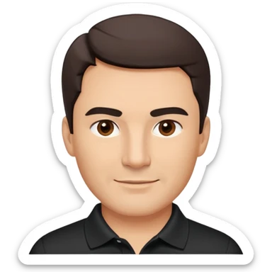 Middle-aged man with strong square face, pronounced jawline, full cheeks, neutral expression, dark brown eyes, thick eyebrows, wide proportional nose, friendly smile with medium lips, short dark hair neatly styled to the side, wearing a black polo shirt sticker