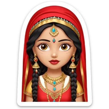 a pretty bratz fair indian girl wearing a red indian wedding outfit with dupatta on head,  golden jewellery, black wavy hair sticker