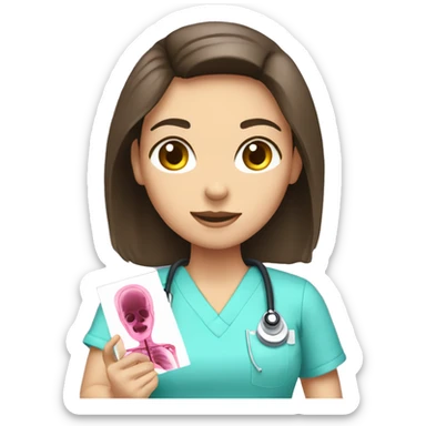 Brunette girl in pink scrubs looking at an arm X-ray  sticker