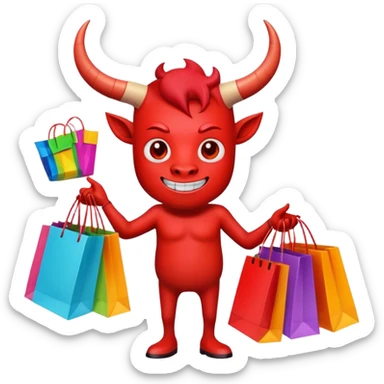 Red devil with horns carrying colorful shopping bags sticker
