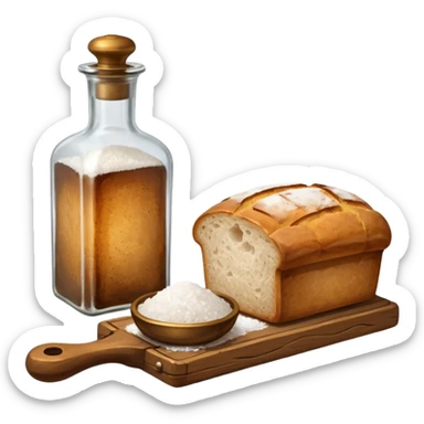 steampunk - a bottle of salt (salt cellar) and a loaf of peasant bread - still life composition sticker