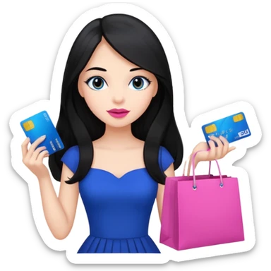 Girl with long black hair, pink lipstick, brown eyes holding shopping bags and blue credit card and wearing a black dress  sticker