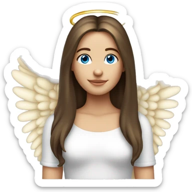 Caucasian brunette angel with long straight hair, dimples, big blue eyes, golden hoop halo over head and wings on back sticker