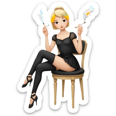 blonde, short-haired ballerina in a white English blouse, experienced with a sly look, putting her long legs on a chair in front of her, smoking, legs in leggings sticker
