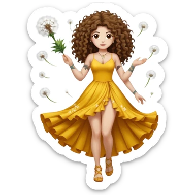 full body woman long curly brown hair brown eyes white skin tattoos muscular build dandelion seed spirit dress made of floating fluff sticker