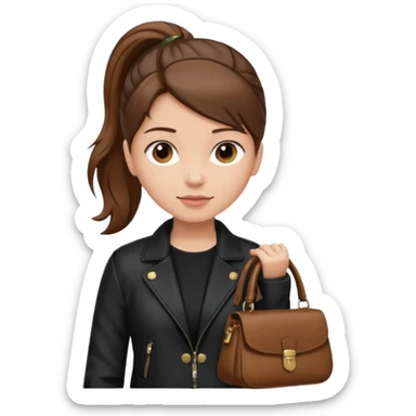 A girl with a pony tail brown hair and white ish skin with a black jacket and a brown purse sticker
