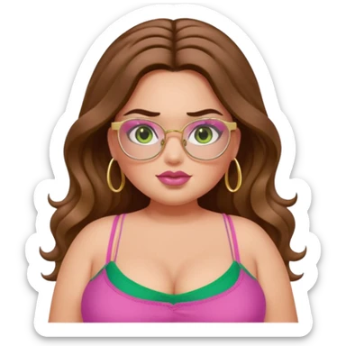 Baddie bratz girl with middle parted long wavy brown hair. green eyes. Plus size. pink spaghetti strap top. Gold rimmed glasses sticker