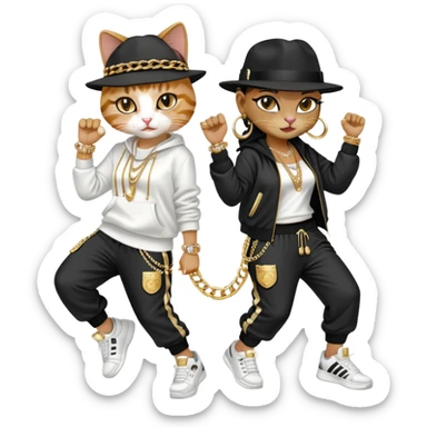 female cat wearing Run DMC hip-hop outfit with tracksuit, fedora, Adidas sneakers, many gold chains, rings, bracelets, flashy earrings, dancing with a friend, no sunglasses sticker